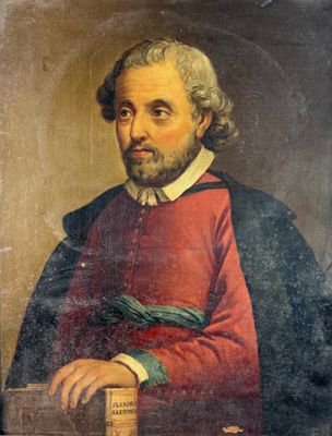 an old painting of a man with a beard holding a book