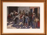 tableau représentant un groupe de personnes rassemblées autour d'une calèche