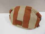 beige and orange striped bag with brown leather trim