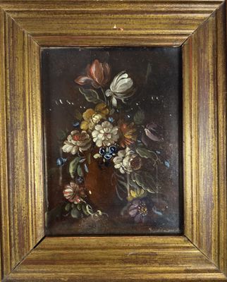 an old painting of flowers in a vase on a table