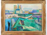 an oil painting of a cityscape in a gold frame on a white wall