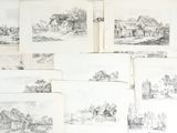 Plusieurs dessins représentant des maisons et des bâtiments sont représentés sur une surface blanche.
