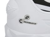 a close up of a pair of white sneakers with black and white soles