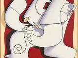 an image of a painting of a white bear with a chain around it ' s neck