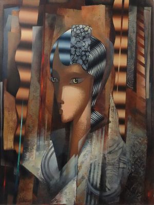 tableau représentant une femme coiffée d'un chapeau et d'une écharpe, devant une fenêtre