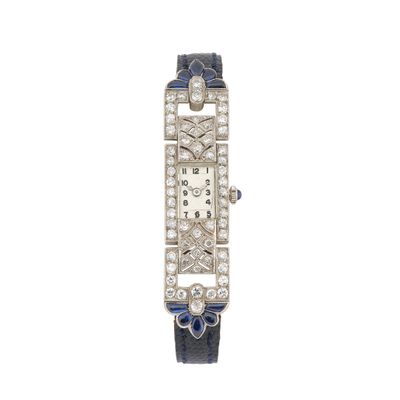 an art deco diamond and sapphire watch, by cartier