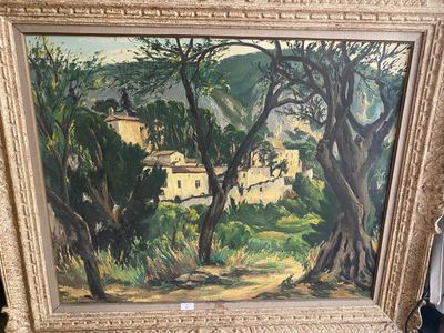 an image of a painting of a house and trees in a gold frame