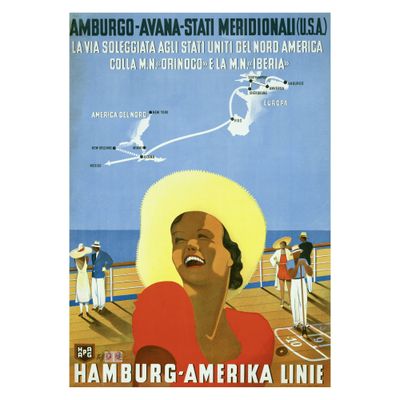 an old poster of a woman on a ship with a bird flying over her head