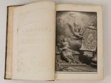 an old book with a picture of a woman sitting on a chair