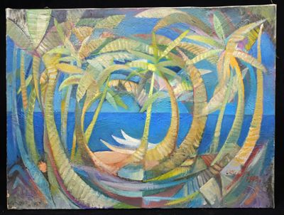 un tableau représentant des palmiers et un bateau sur l'eau