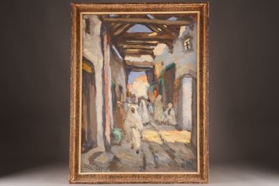 an image of a painting of a street scene with a man walking down the street