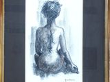 painting of a woman sitting in a chair in front of a brick wall