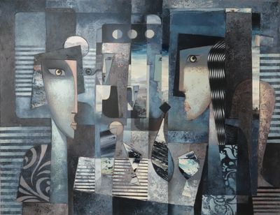 tableau représentant une femme tenant un oiseau dans la main et un autre oiseau dans la main