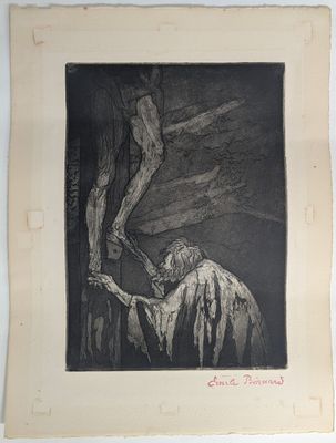 un vieux dessin représentant un homme tenant un squelette dans la main
