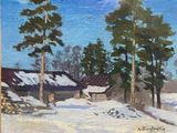 tableau représentant une cabane dans la neige, avec des arbres au premier plan