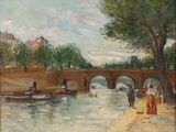 a painting of a river scene with boats on the water