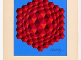 a painting of a red flower on a blue background