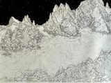un dessin en noir et blanc représentant une chaîne de montagnes