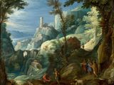 painting of a mountainous landscape with figures and animals in the foreground and a castle in the background