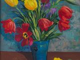 a painting of flowers in a blue vase on a table