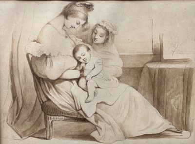 a drawing of a woman holding a baby and a woman sitting on a chair