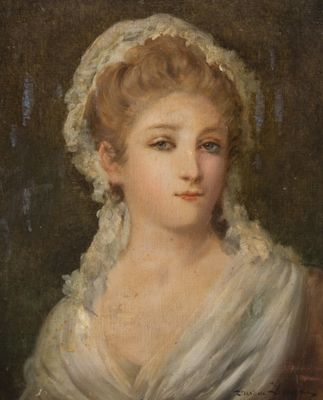 un tableau représentant une femme en robe blanche et coiffe