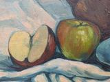 a painting of an apple and a blue bowl on a table