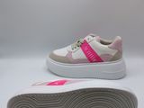 a close up of a pair of white and pink sneakers
