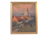 painting of a village scene with a church in the distance