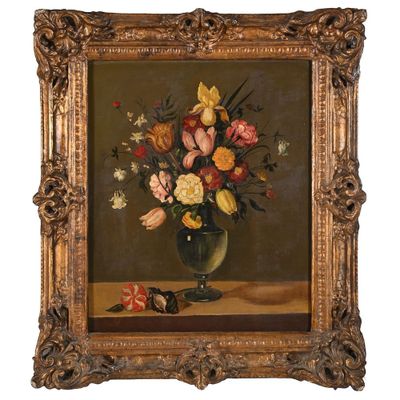 peinture d'un vase de fleurs sur une table dans un cadre doré