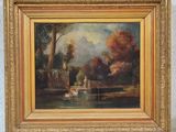 an oil painting of a couple on a bridge by a lake