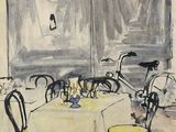 dessin représentant un restaurant avec une table et des chaises, ainsi qu'un homme assis à une table