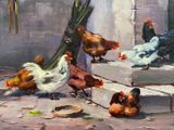 painting of a group of chickens standing on a step next to a building
