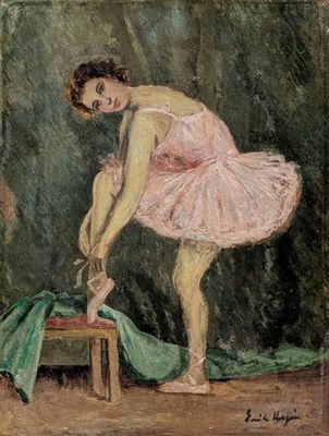 tableau représentant une femme en tutu rose en train de lacer ses chaussons de danse classique