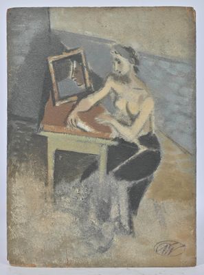 painting of a man sitting at a table with a picture frame