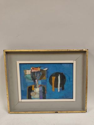 tableau représentant un homme et une femme dans une pièce bleue aux murs blancs