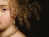a close up of a painting of a woman with curly hair