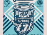 a blue and white poster with a hand holding a can of paint