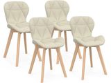 set of four beige chairs with wooden legs on a white background