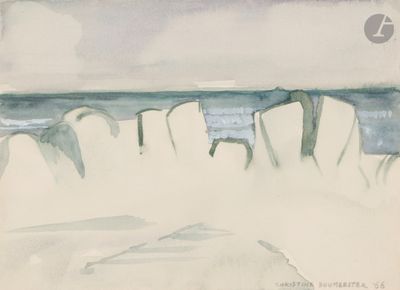 une aquarelle représentant une scène de plage avec des rochers et de l'eau