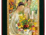 painting of two women with flowers in a vase on a table