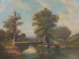un tableau représentant un pont au-dessus d'une rivière avec des animaux