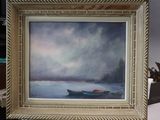 a picture of a painting of a boat on the water