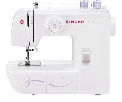 the singer smart sewing machine is white with purple accents