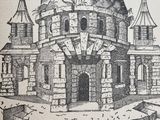 a drawing of a castle with a boat in the water