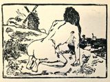une image représentant un dessin en noir et blanc d'un homme et d'un chien