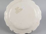 underside view of a white plate with writing on it