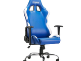 the office chair is blue and white with a black base