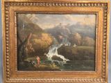 une peinture à l'huile représentant un paysage fluvial avec une cascade et des personnages