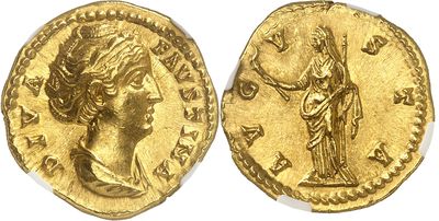 a gold coin with an image of a woman holding a sword